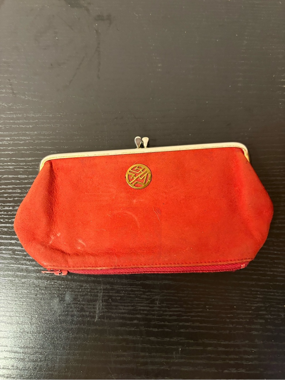 Red Suede Kiss Lock Wallet Clutch Coin Purse with Zip Pocket